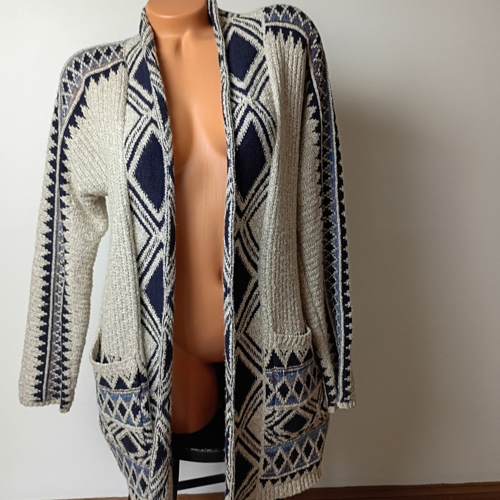 Lucky Brand Women Geometric Tribal Open Front Cardigan Sweater Navy Cream XS/S